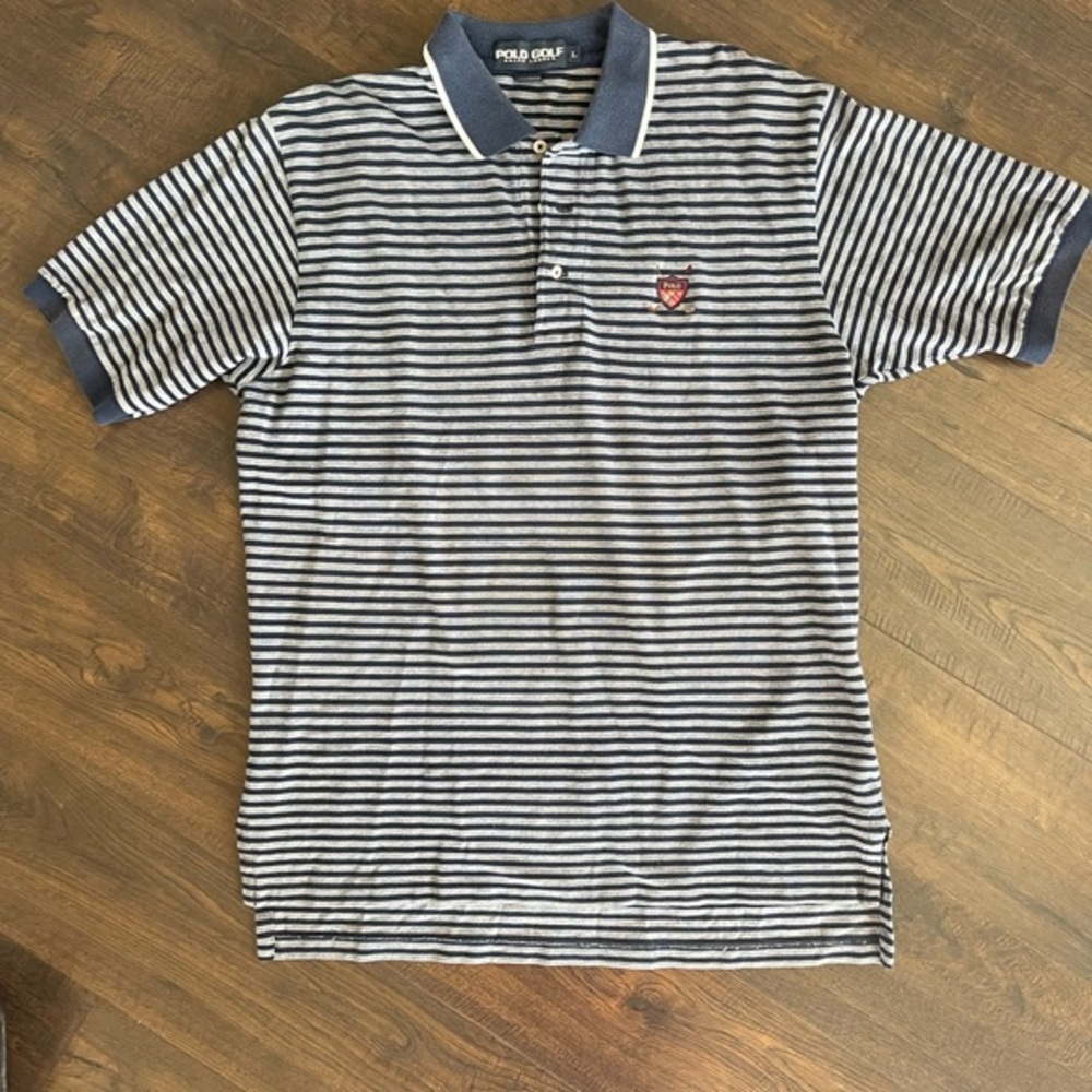 POLO RALPH‎ LAUREN Vintage Golf Shirt Shortsleeve Grey Navy Stripe Classic LARGE - Picture 5 of 11